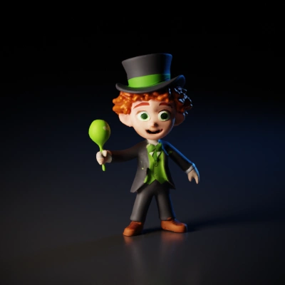 Cartoon pixar style boy leprechaun t pose, green suit, hat.