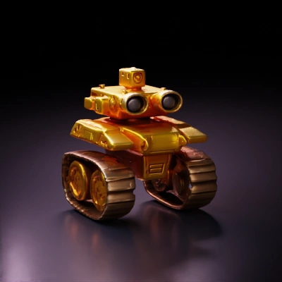 Small reconnaissance robot with three cameras, tank treads, antenna.