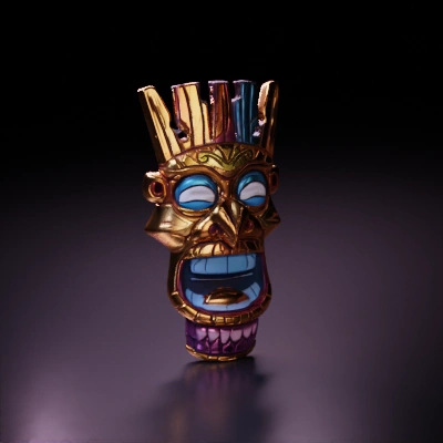 Tribal mask with geometric patterns, comical expression.