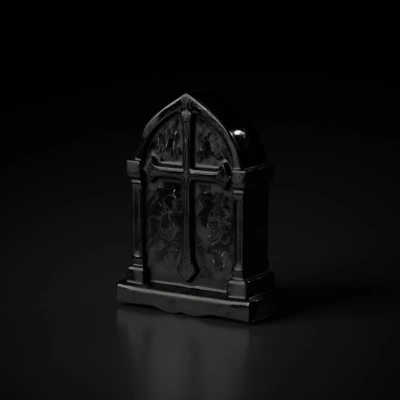 Gothic tombstone with ornate cross design.
