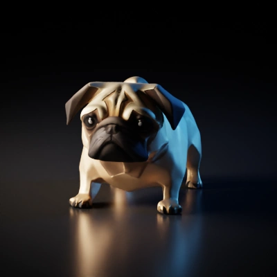 Polygonal pug dog sculpture, geometric design.