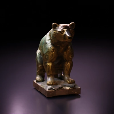 Bear statue, realistic, on stone platform.