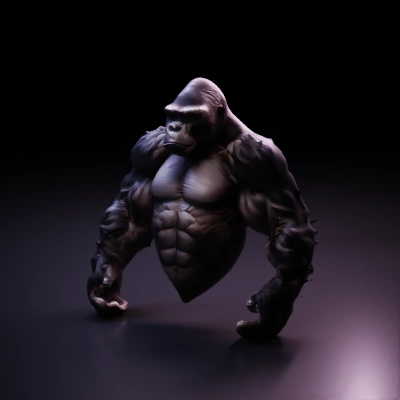 Imposing gorilla, muscular build, standing posture.
