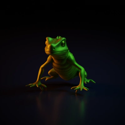 Cartoonish anthropomorphic lizard with expressive eyes, bipedal pose. zbrush