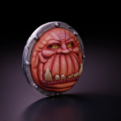 Grotesque monster face with large teeth. With rough red skin, With A circular metal edge trim.