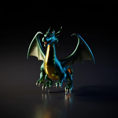 Majestic dragon with wings and scales, fierce expression.