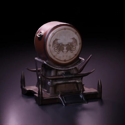 Traditional war drum on wooden platform.