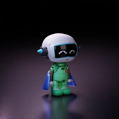 Robot character with futuristic helmet, smiling face.