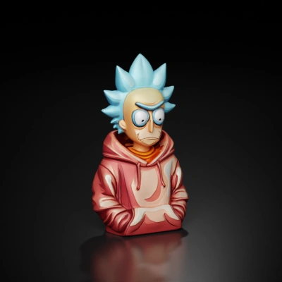 Cartoon scientist with blue hair.