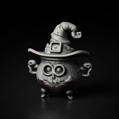 Skull-faced, cauldron-like character with witch hat.