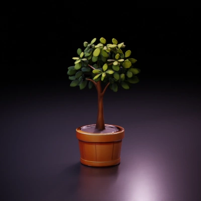 Potted tree with green leaves.