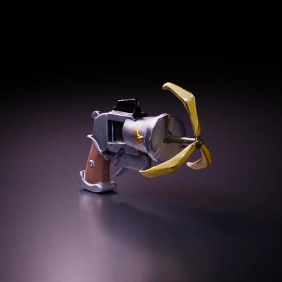 Grappling hook gun with hand grip, banana decal.
