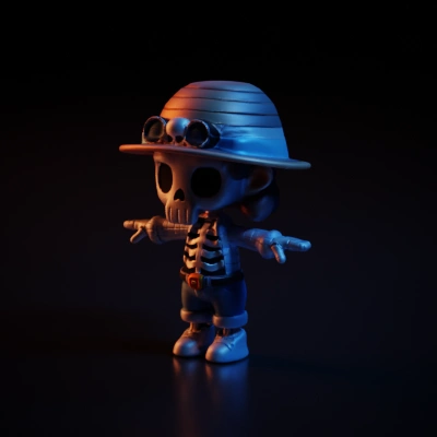 Skeleton character in explorer outfit, cartoon style.