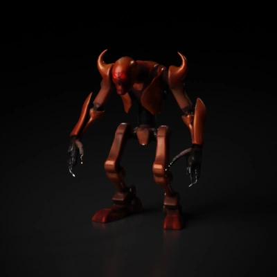 Rusty, menacing battle robot with glowing eyes.