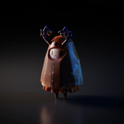 Stylized character in orange cloak, whimsical.