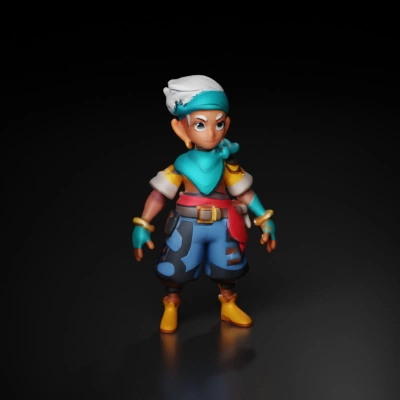 Cartoon style adventurer character with headband, earrings.