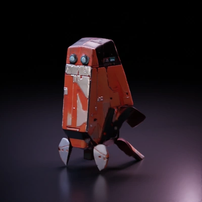 Small robotic mech, tripod legs, sensors on top.