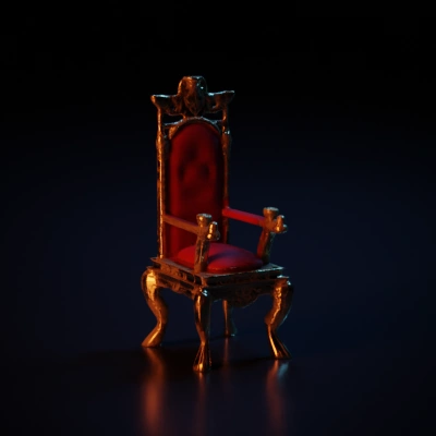 Ornate royal throne, intricate carvings, cushioned seat.