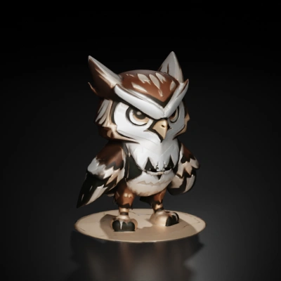 Anthropomorphic owl with an intense expression, cartoon style.