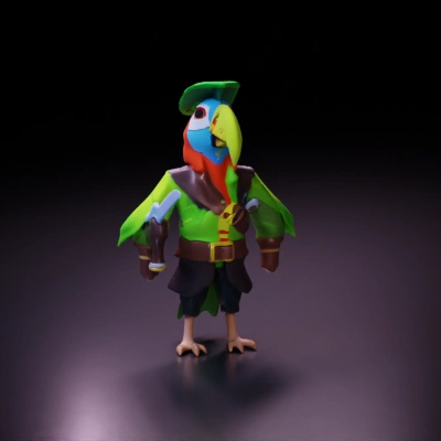 Pirate parrot character, colorful and angular polygons.