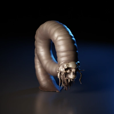 Large coiled tentacle with skull and dripping tendrils.