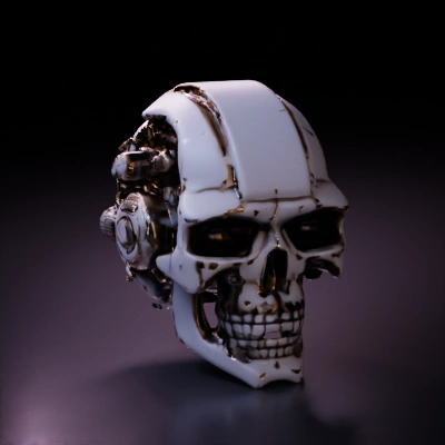 Mechanical skull with intricate details.