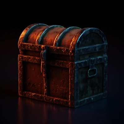Medieval wooden treasure chest with metal bands.