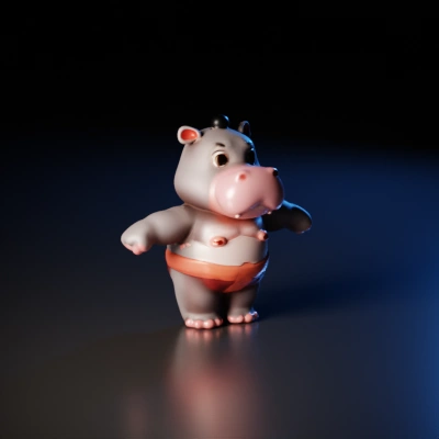 Cartoon hippo character in fighting attire.