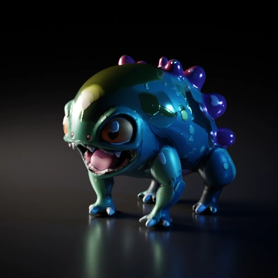 Small dinosaur-like cartoon creature with large eyes and spikes.