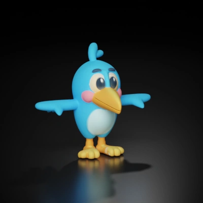 Cartoon bird character, big eyes, small wings.