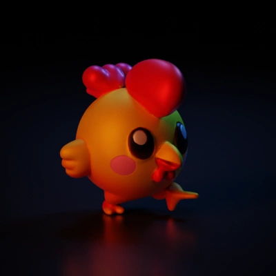 Cartoonish chicken character with big eyes and rosy cheeks.