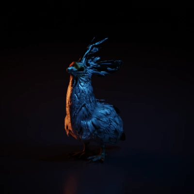 Bird with elaborate plumage, fantasy creature.
