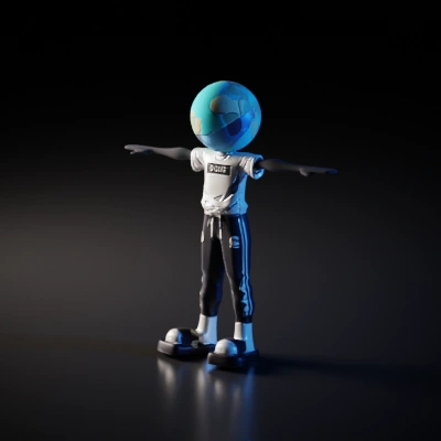 Human figure with globe head, casual clothes.