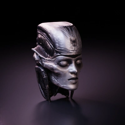 Cyborg with integrated mechanical parts on face.