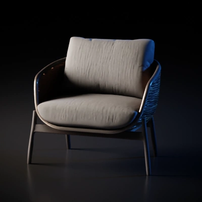 Modern cushioned rattan armchair.