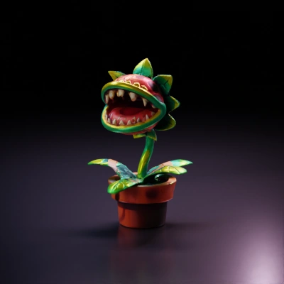 Carnivorous plant with teeth and leaves, housed in a pot.