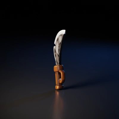 Battle-ready cartoonish sword, wooden handle, large blade.