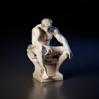 Classic sculpture of a sitting bearded man.