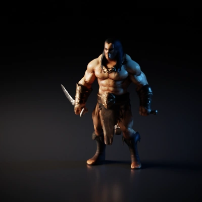 Barbarian warrior, heavily muscled, wielding sword, arm guards, loincloth.
