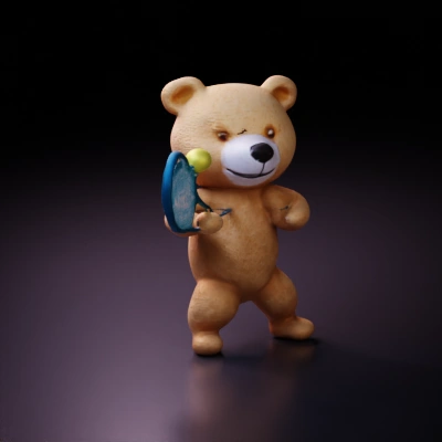 Teddy bear playing tennis, holding a racket.