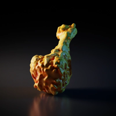 Fried chicken drumstick, crispy texture.