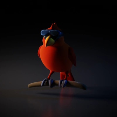 Cartoon bird wearing sunglasses, standing on branch.