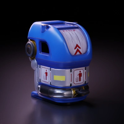 Trash compactor unit, futuristic design in the style of overwatch