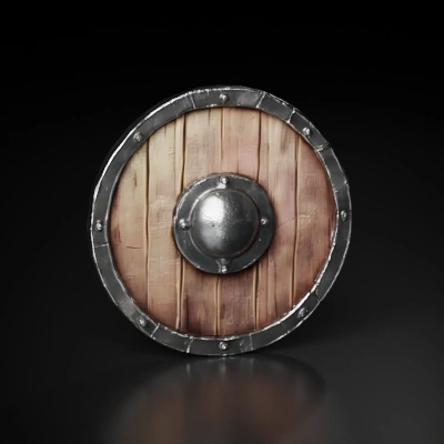 Medieval wooden shield with metal reinforcement.