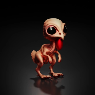 Alien baby chicken creature, big eyes on side of head. perfectly round, round head. Fingers on hands, no shadows on feet