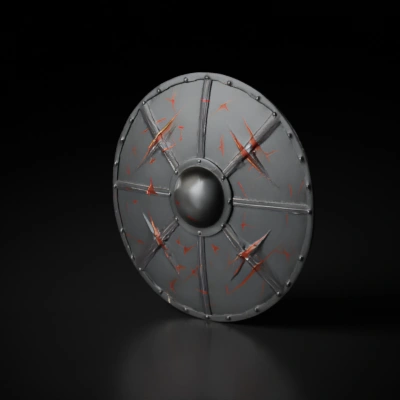 A round medieval metal shield with scratches.