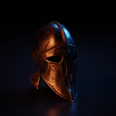 Medieval knight helmet with engravings, damaged.