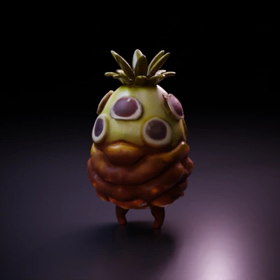 Pineapple creature with multiple eyes, small legs, small arms.