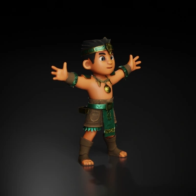 Animated character in ancient attire.