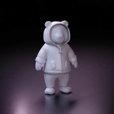 The bear is wearing a bright blue hooded jacket with white drawstrings and accents, and pink pants with blue feet. The jacket has white circles near the pockets and a pink, abstract-patterned shirt is visible underneath. The bear has a periwinkle blue headband on its head. The fur on the bear's head and face is a light cream color